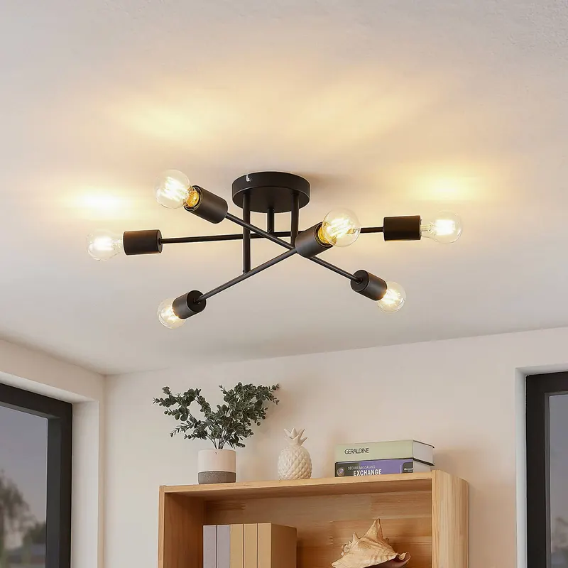Lampa sufitowa Lindby Estar, czarna, metalowa, 6-punktowa, Ø56 cm