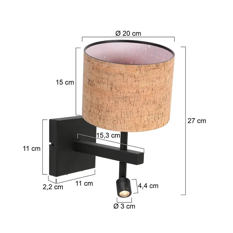 Lampa ścienna Stang, czarna/brązowa Lampka do czytania LED Wysokość 27 cm Korek