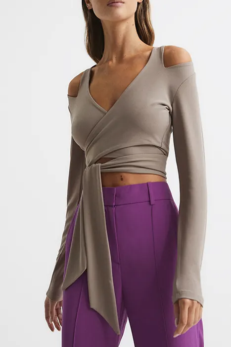 Reiss Camille-tie Long-sleeved Top — Mink Maat: L | Longsleeves Outlet | Dames | Bruin
