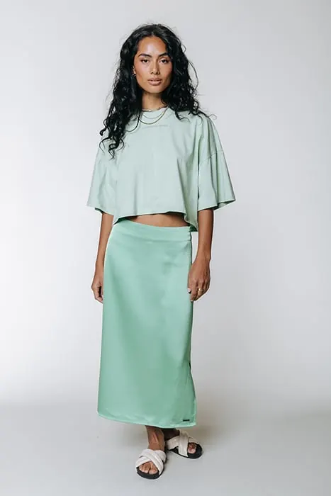 Colourful Rebel Hinte Uni Satin Slit Midi Skirt Mint Maat: M | Midi Rokken Outlet | Dames | Groen