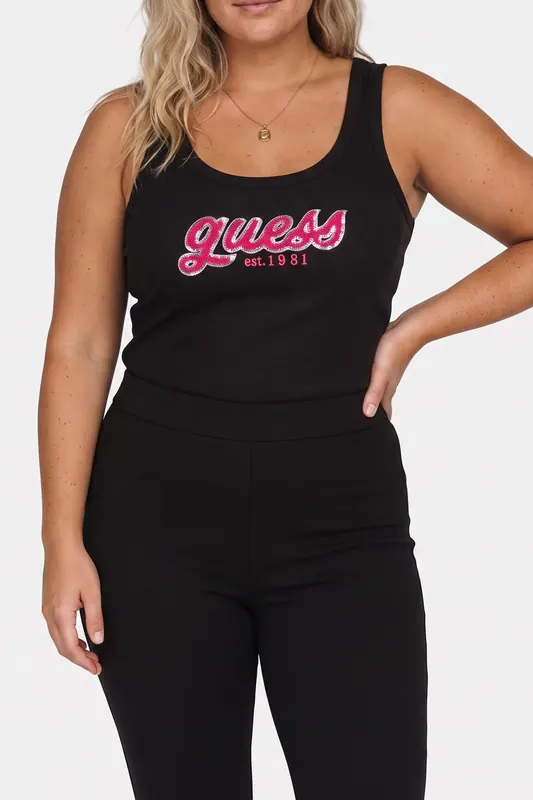 GUESS Chenille Logo Tank T Jet Black A996 Maat: XS | Tops Outlet | Dames | Zwart