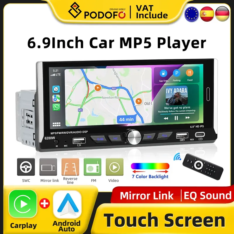 Podofo 1din Bezprzewodowe CarPlay Android Auto Radio 6.9 "Uniwersalny 1DIN Samochodowy Inteligentny System GPS Stereo Deska Rozdzielcza Jednostka Główna RDS
