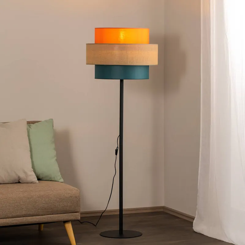 Lampa stojąca Trio, klosz z juty, pomarańczowy/naturalny brąz/petrol