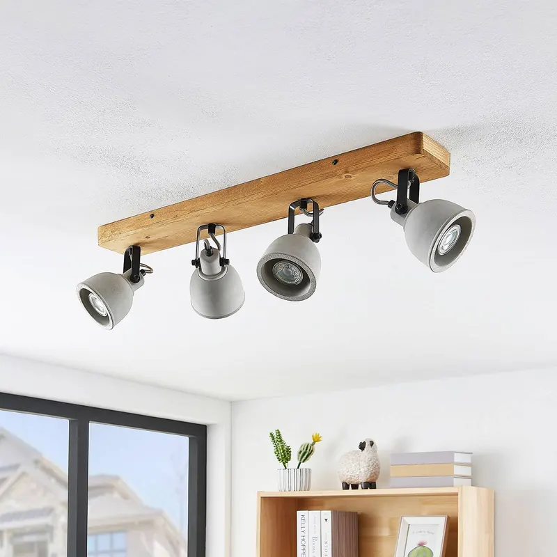 Spot Lindby Mitis, 70 cm, 4-punktowa, szary, drewno, beton, GU10