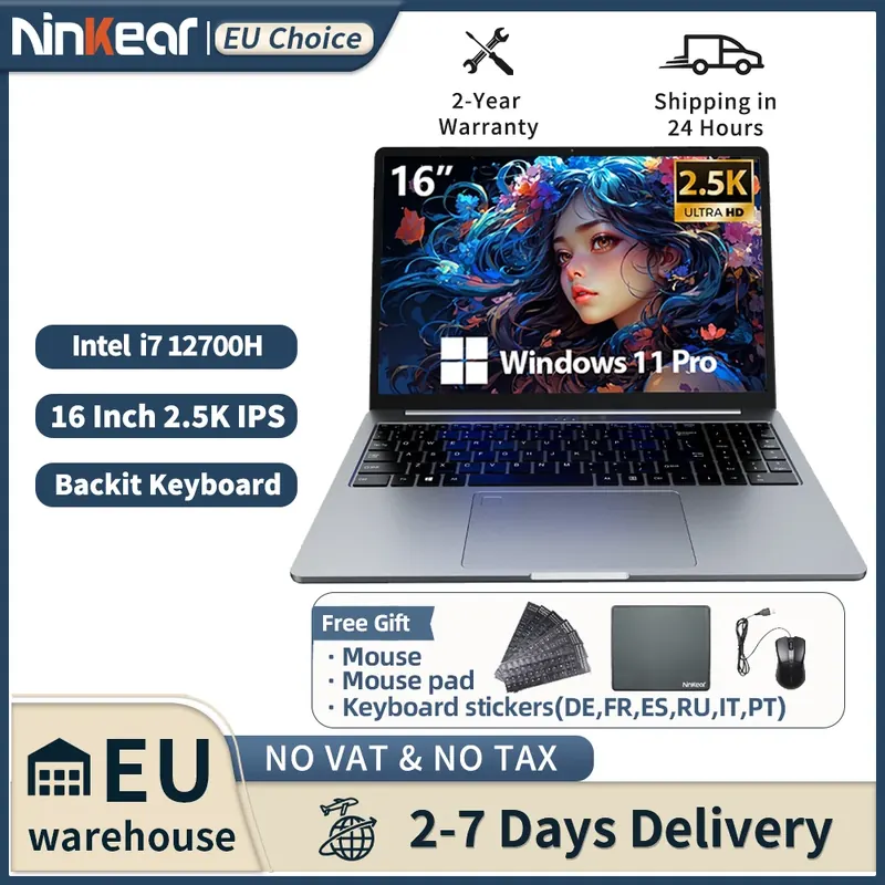 Ninkear N16 Pro Laptop 16 Cali Intel i7-12700H 16GB RAM 1TB SSD Ekran 2.5K 120Hz WiFi 6 Podświetlana Klawiatura Czytnik Linii Papilarnych Smukły Metalowy Notebook Wtyczka EU