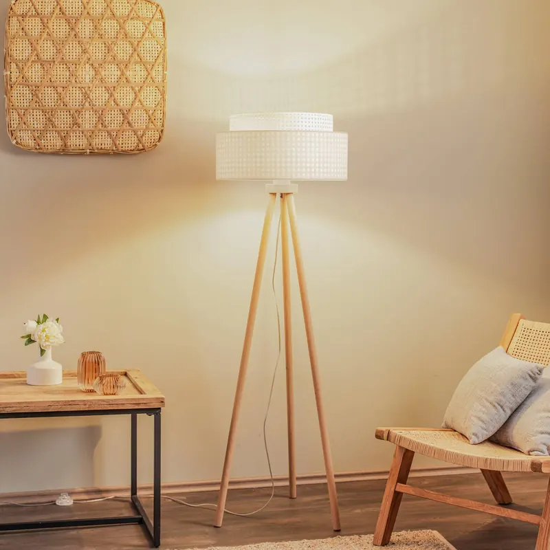 Lampa stojąca Boho, biała/drewno, tkanina/rattan/drewno, 140 cm