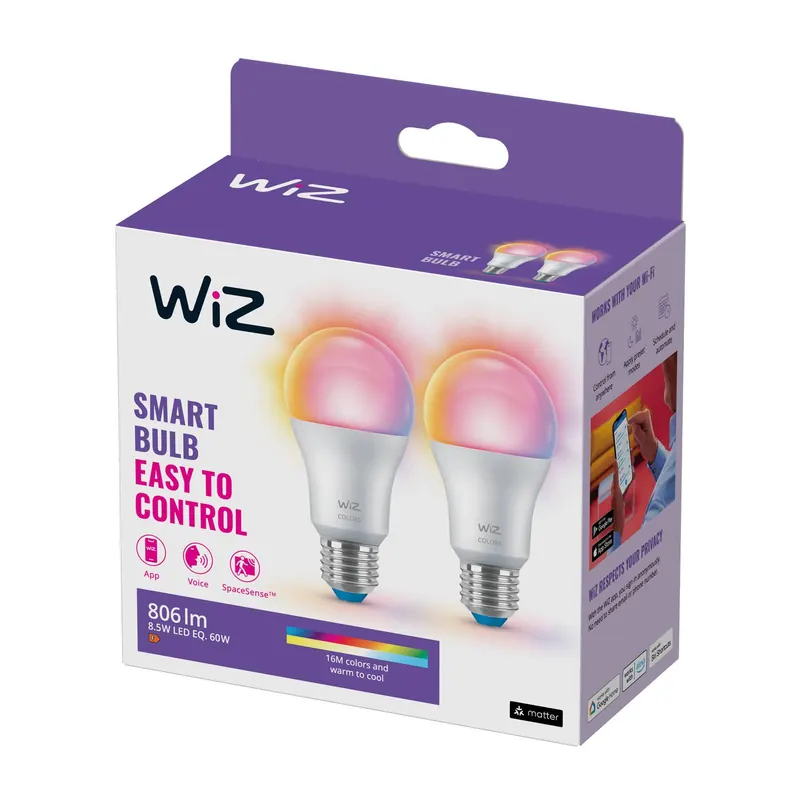 WiZ A60 żarówka LED matowa WiFi E27 8,5 W RGBW zestaw 2 sztuki