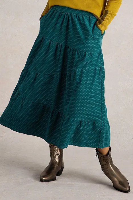 White Stuff Jenna Cord Tiered Skirt Dark Green Maat: 14 REGULAR | Midi Rokken Outlet | Dames | Groen