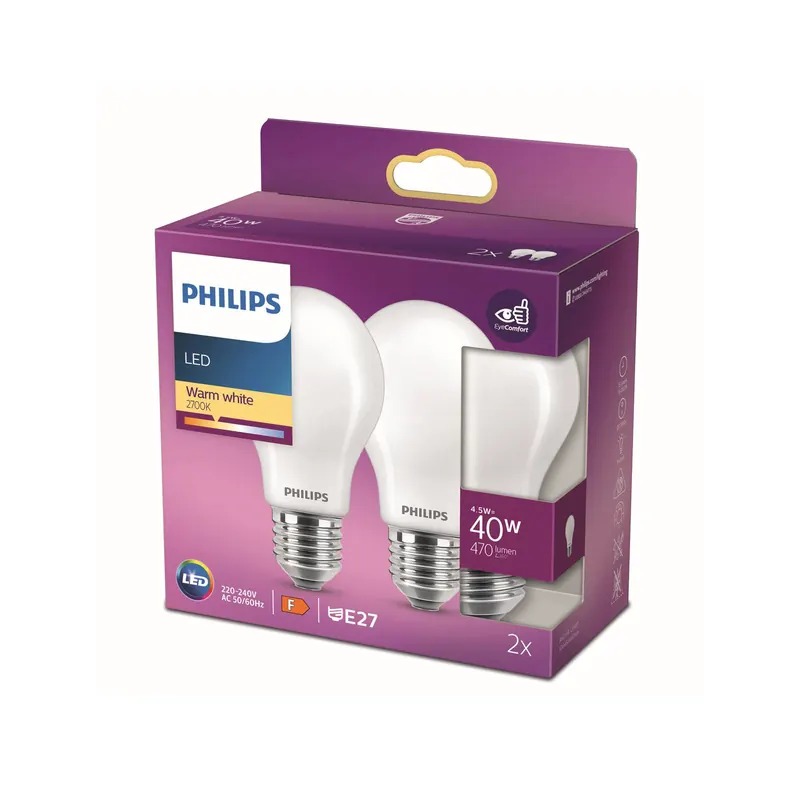 Philips żarówka LED E27 4,5W 2 700 K opal 2 szt.