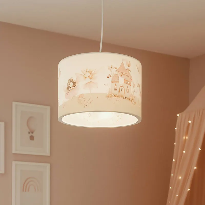 Żyrandol „Świat wróżek”, biało-różowy, średnica 38 cm, tworzywo sztuczne