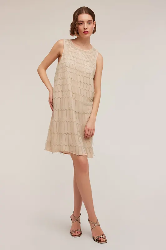 Motivi Embroidered Dress With Fringes Beige Maat: 36 | Mini Jurken Outlet | Dames | Beige