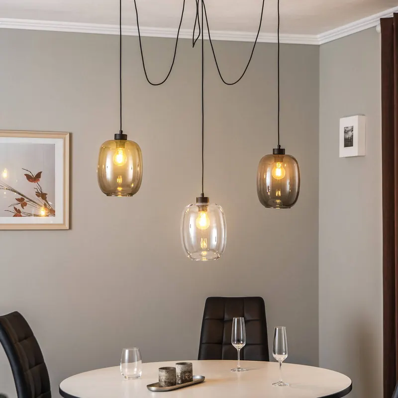Lampa wisząca Elio, szkło, brązowy/przezroczysty/szary, 3-punktowa,