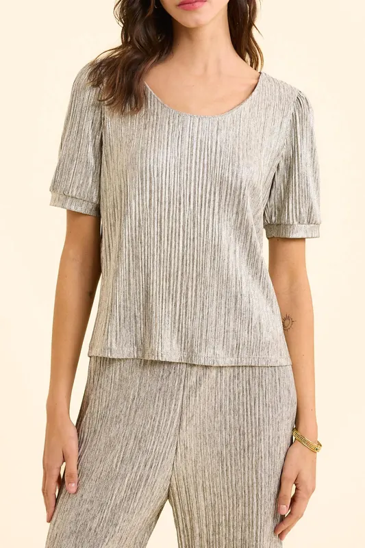 ICode Grey Pleated Top With Decorative Gold Stripes Gold Maat: S | Blouses Outlet | Dames | Grijs