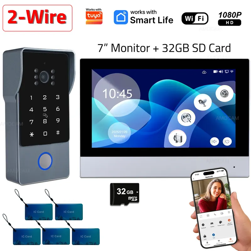 2-przewodowy inteligentny system wideodomofonu WiFi 1080P współpracujący z Tuya, 7-calowy dotykowy monitor, wideodomofon, kamera do drzwi