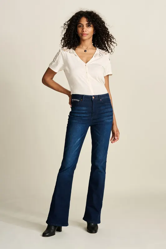 POM Amsterdam Jeans - Esmee Flare Dark Blue Maat: 34 | Flared Jeans Outlet | Dames | Blauw
