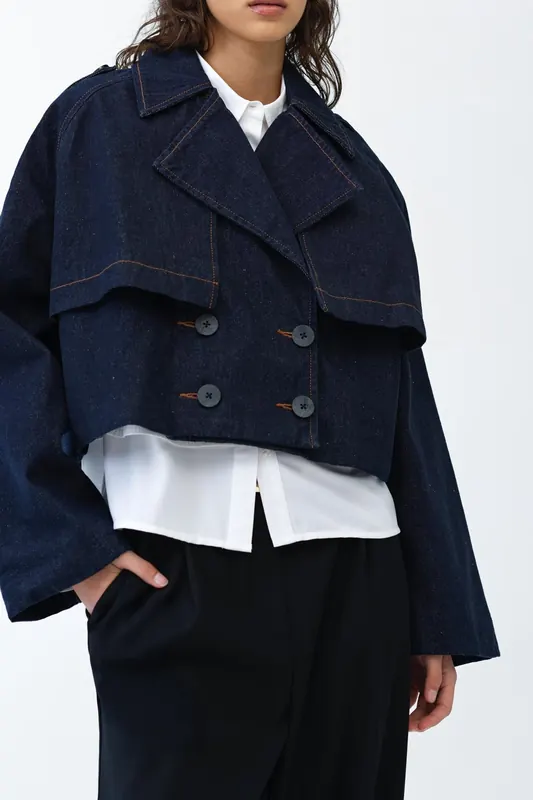 French Connection Aussie Denim Cropped Trench Dark Indigo Maat: S | Spijkerjassen Outlet | Dames | Blauw