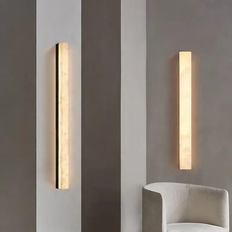 Nowoczesna hiszpańska lampa ścienna z naturalnego marmuru - Lampa do jadalni i salonu - Długa lampa wisząca - Styl liniowy - Miedziana wykończenie