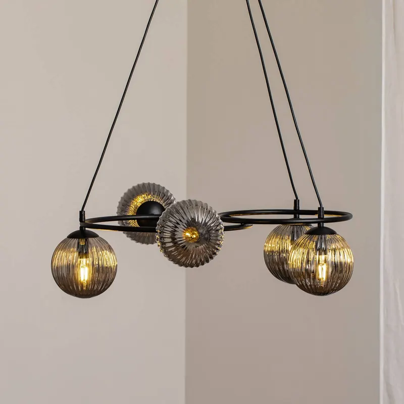 Lampa do salonu Libra, dymny szary/czarny, Ø 70 cm, 5-punktowa.