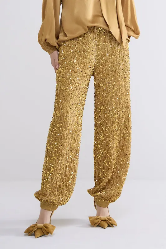 Summum Woman Pants Sequins Velours Camel Brown Maat: 40 | Joggingbroeken Outlet | Dames | Goud