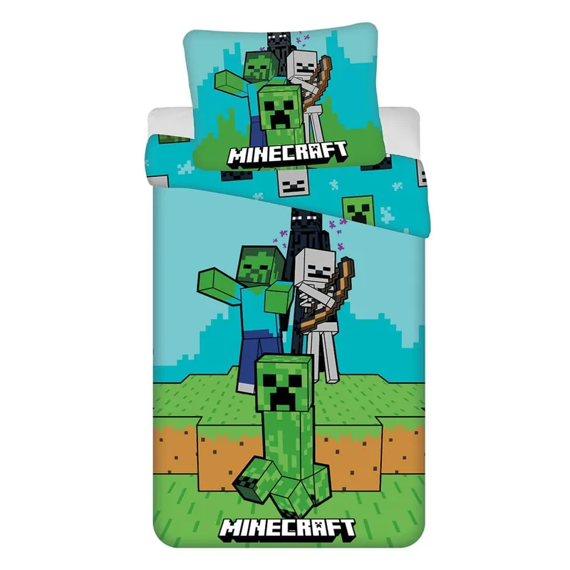 Zielono-niebieska bawełniana pościel dziecięca jednoosobowa 140x200 cm Minecraft "Mobs Here" – Jerry Fabrics