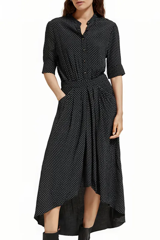 Scotch & Soda Midi Dress With High Low Hem Polka Evening Black Maat: 36 | Midi Jurken Outlet | Dames | Zwart