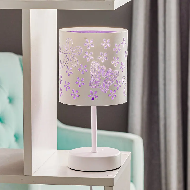 Lampa stołowa Titilla w kolorze białym, klosz wewnątrz fioletowy