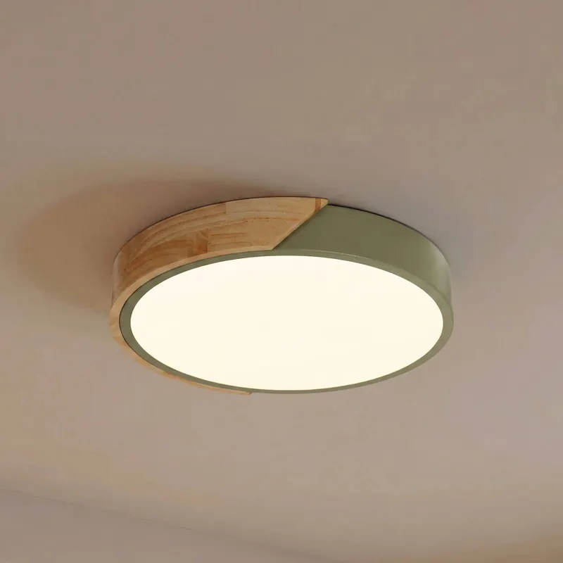 Lampa sufitowa LED PRIOS Lynorri, Ø 32 cm, zielona, wykończenie drewniane