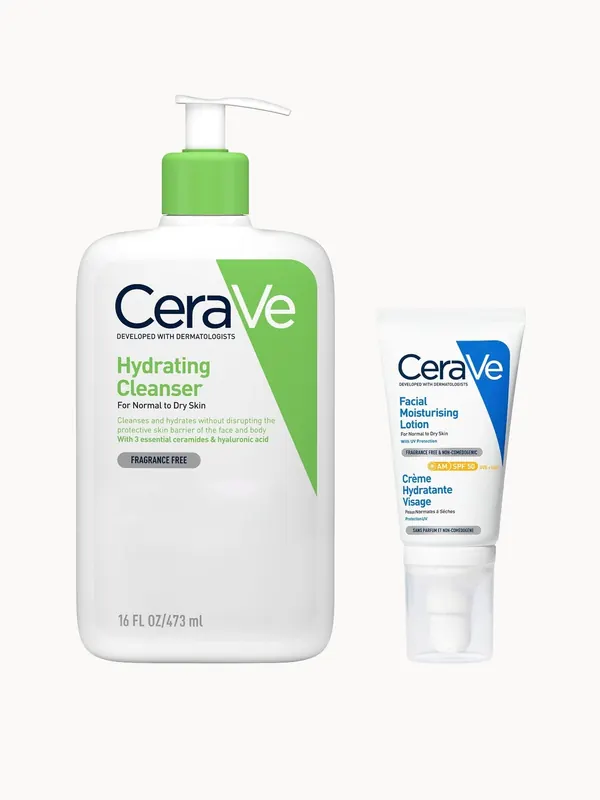 CeraVe Cleanse and Protect Face Routine for Dry Skin, Hydrating Cleanser and Facial Moisturiser with SPF 50