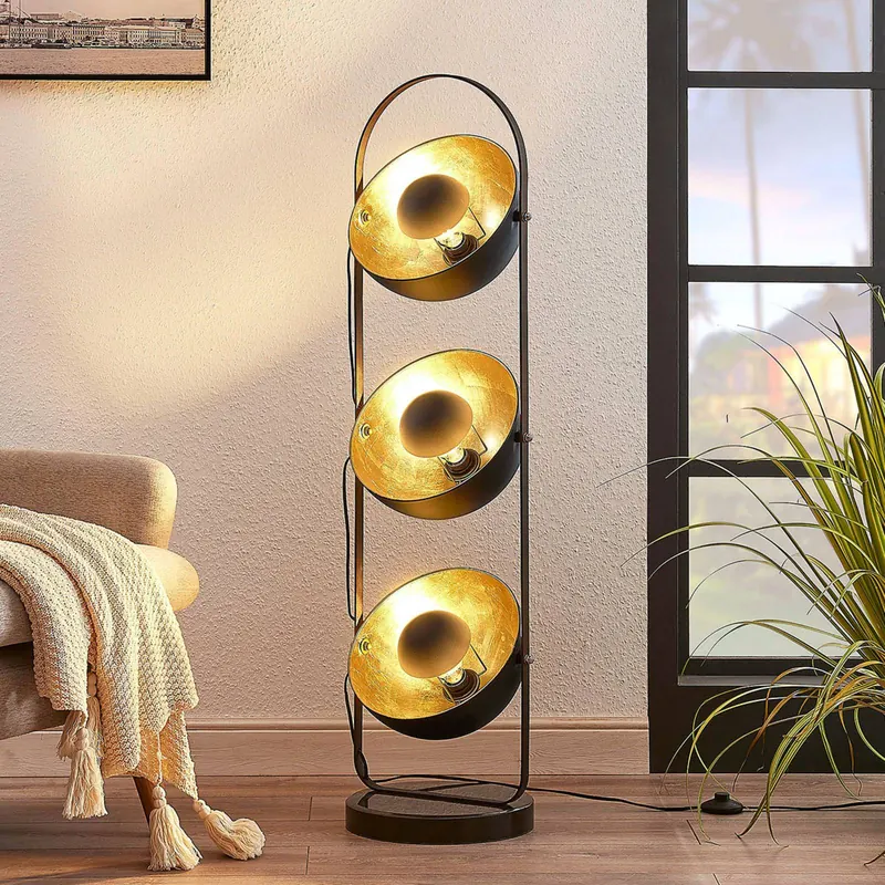 Lampa stojąca Lindby Muriel, 3-punktowa, czarny/złoty, metal