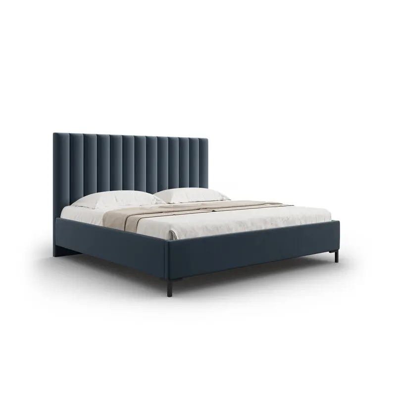 Ciemnoniebieskie tapicerowane łóżko dwuosobowe ze schowkiem i stelażem 200x200 cm Casey – Mazzini Beds