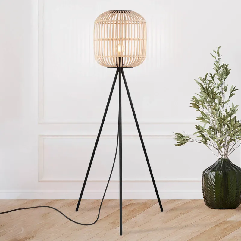 Lampa podłogowa Bordesley trójnóg drewniany klosz