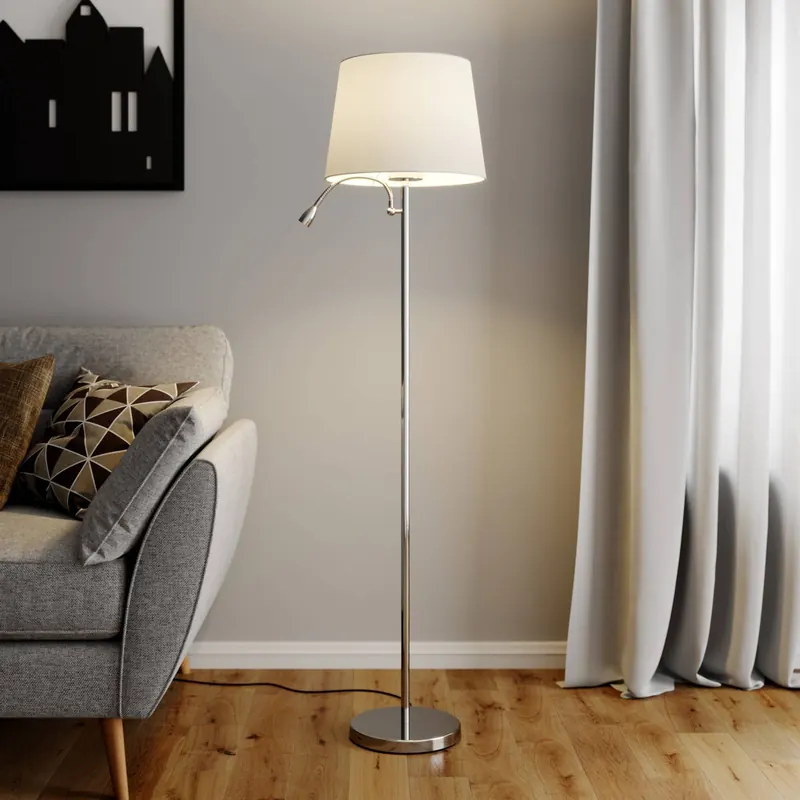 Lampa stojąca Lindby Benjiro, biała, tekstylna, lampka do czytania, 150 cm