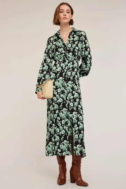 Motivi Floral Patterned Satin Chemisier Dress Green Maat: 42 | Blousejurken Outlet | Dames | Groen