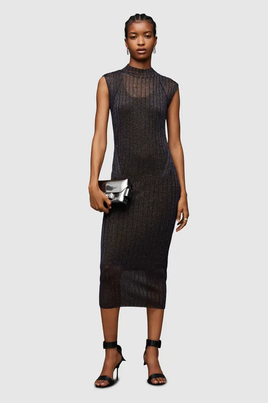 AllSaints Patrice Dress Black/royal Blue Maat: XS | Midi Jurken Outlet | Dames | Zwart