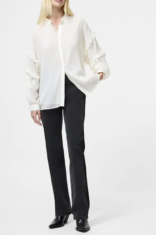 French Connection Emina Chiffon Embroidered Shir Porcelain Cream Maat: XL | Longsleeves Outlet | Dames | Wit