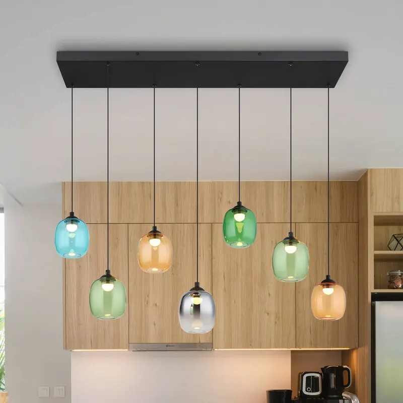 Żyrandol LED Minara, 7-punktowa, długość 102 cm, kolorowa, szkło