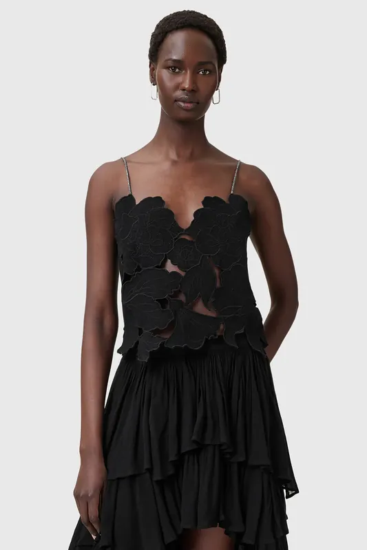 AllSaints Flora Emb Top Black Maat: XS | Mouwloze Tops Outlet | Dames | Zwart