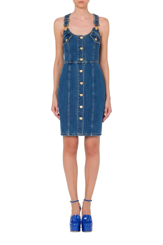 Moschino Teddy Buttons Denim Dungarees Dress Blue Maat: 36 | Mini Jurken Outlet | Dames | Blauw