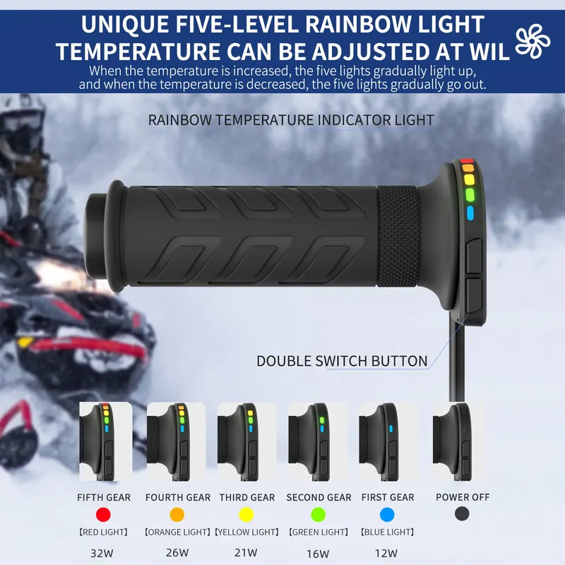 Para podgrzewanych manetek motocyklowych 12V 22mm z 5-stopniową regulacją temperatury, uniwersalne elektryczne podgrzewane uchwyty motocyklowe.