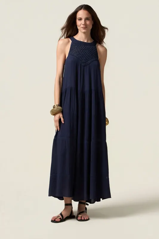 Oltre Long Dress With Crochet Insert Blue Maat: S | Maxi Jurken Outlet | Dames | Blauw