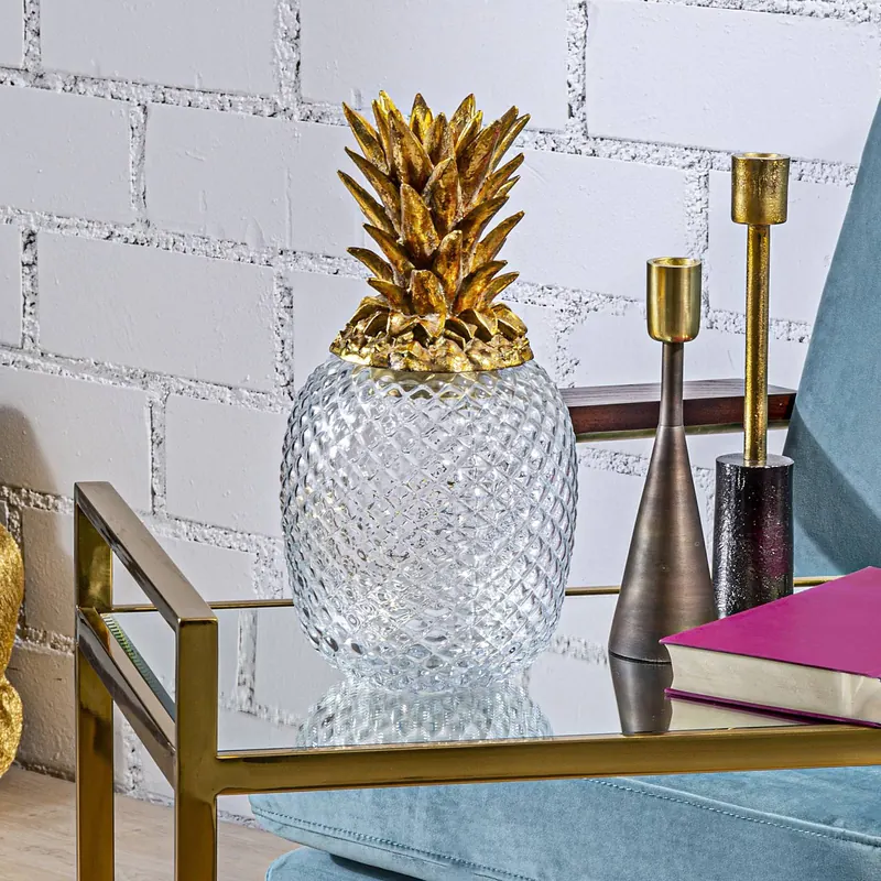 Pudełko dekoracyjne KARE Ananas, wysokość 31 cm, szkło, przezroczyste, złote