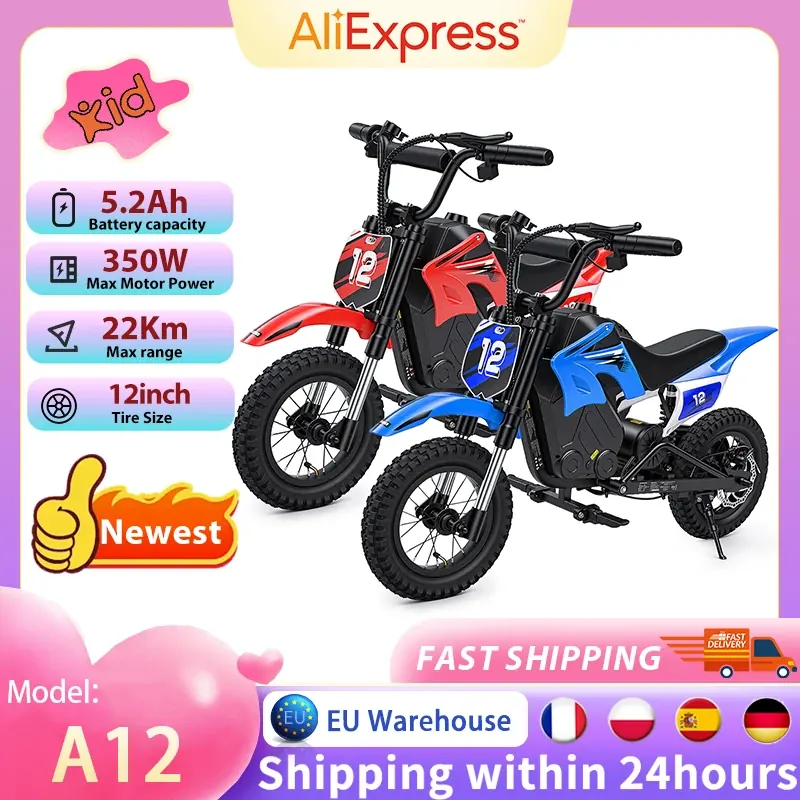 A12 Dziecięca motocyklowa zabawka elektryczna z silnikiem 350W, zasięgiem 22 km, baterią 36V5.2Ah, 3 prędkościami, podwójnymi hamulcami, amortyzatorami i światłami LED do zabawy na zewnątrz.