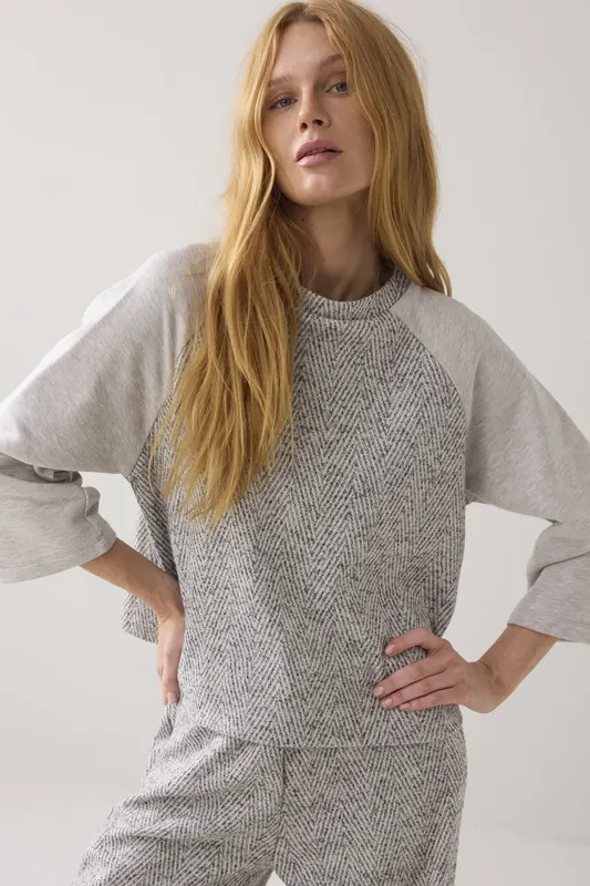 Summum Woman Shortsleeve Harringbone Top Mist Maat: M | Longsleeves Outlet | Dames | Grijs