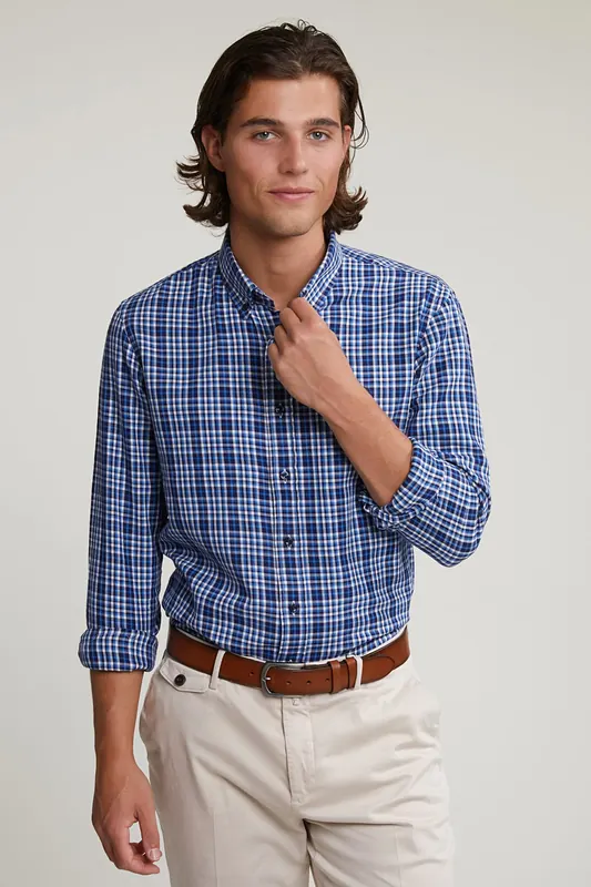 River Woods Custom Fit Checked Shirt Blue/white Maat: S | Casual Overhemden Outlet | Heren | Blauw