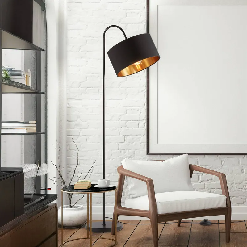 Lampa stojąca Kari, wygięta, czarna/złota, tekstylna, E27