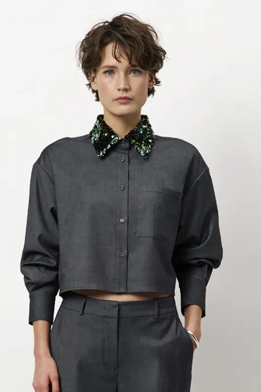 Dante6 Cybella Embellished Shirt Granite Grey Melange Maat: 42 | Longsleeves Outlet | Dames | Grijs