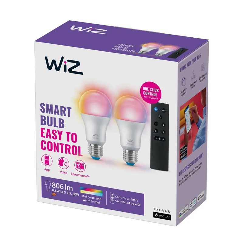 WiZ A60 LED matowa WiFi E27 8,5 W RGBW Pilot 2 sztuki w zestawie