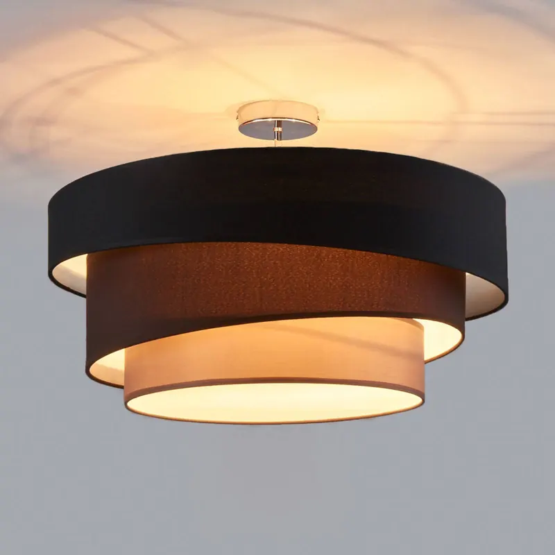 Lampa sufitowa Lindby Melia, czarna/brązowa, tkanina, Ø 56 cm