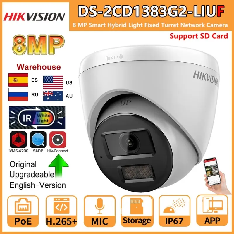Kamera IP Hikvision 8 MP DS-2CD1383G2-LIUF Wbudowany mikrofon Podwójne światło 4K Inteligentne światło hybrydowe Gniazdo kart SD Stała kamera sieciowa z wieżyczką