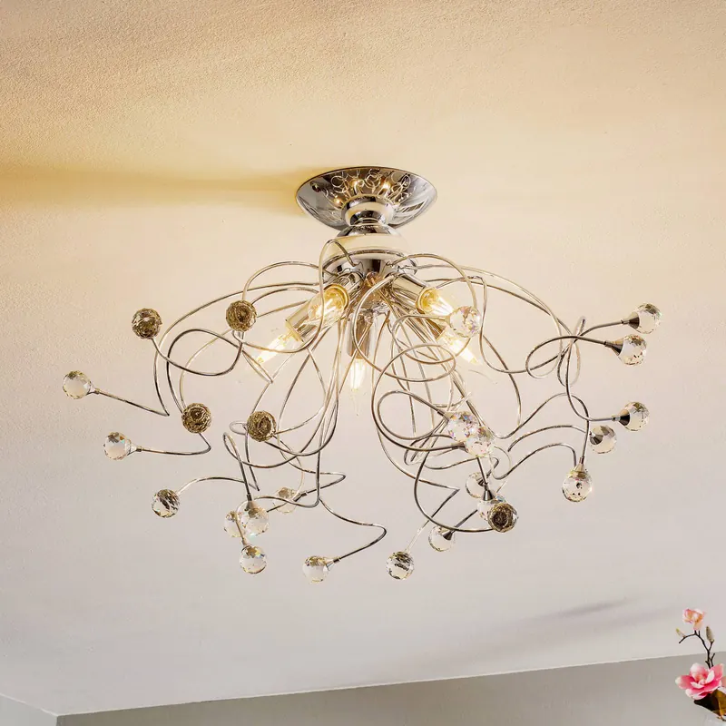 Lampa sufitowa Trilly w kolorze chrom z kryształami, 5-punktowa.